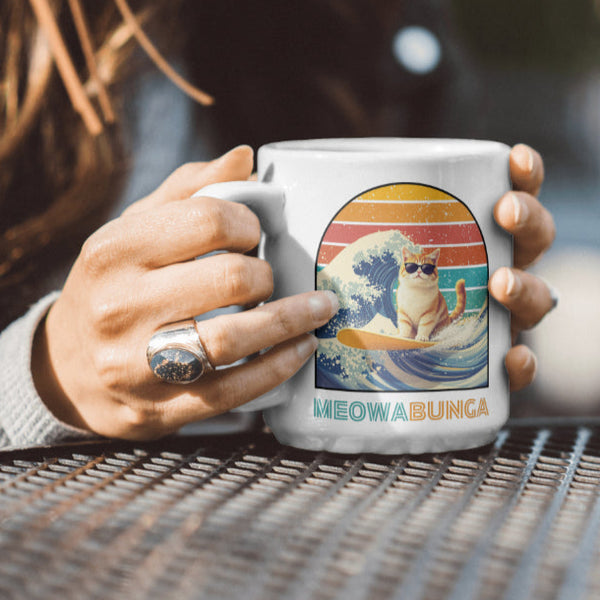 Meowabunga Surfing Cat Mug