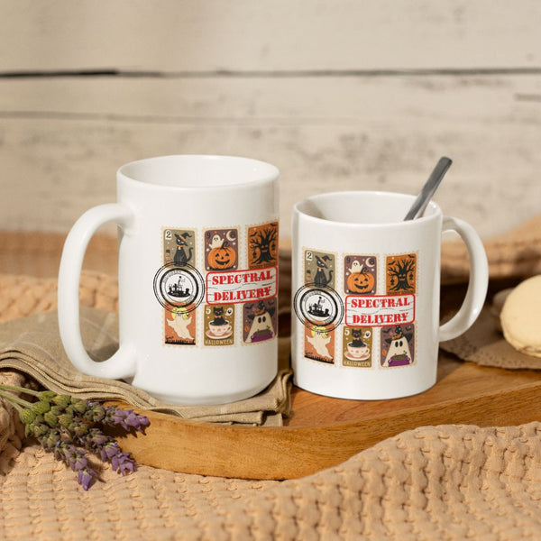 Spectral Delivery Halloween Mug – Cute Stamp-Themed Ghost & Cat Coffee Cup