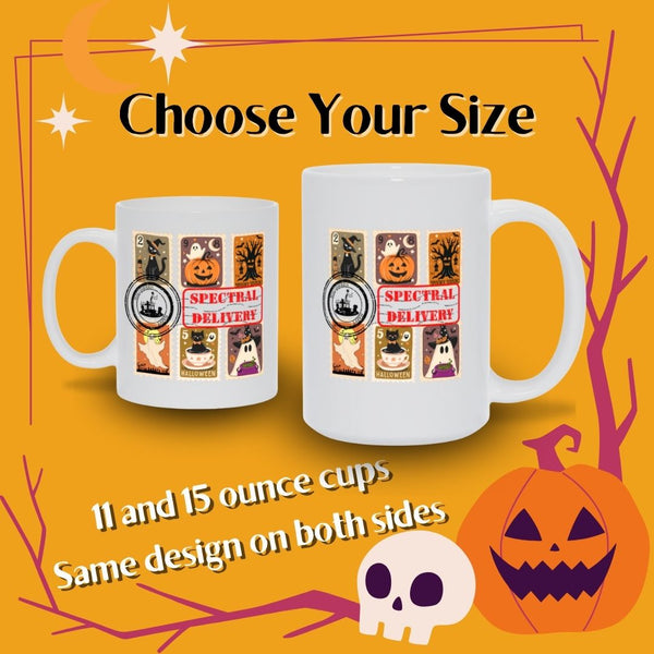 Spectral Delivery Halloween Mug – Cute Stamp-Themed Ghost & Cat Coffee Cup
