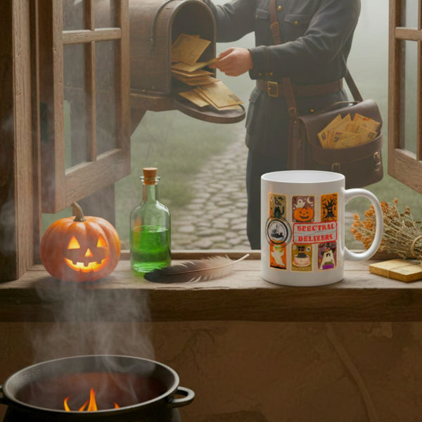 Spectral Delivery Halloween Mug – Cute Stamp-Themed Ghost & Cat Coffee Cup