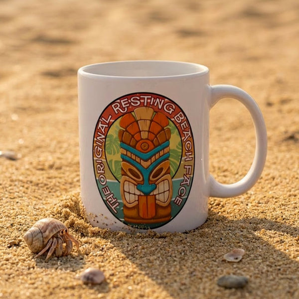 The Original Resting Beach Face Mug: Tiki Retro Sunset Coffee Cup (11oz/15oz)
