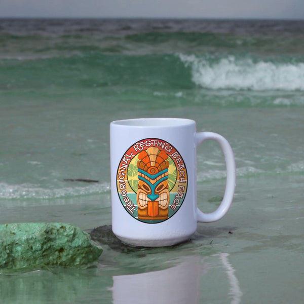 The Original Resting Beach Face Mug: Tiki Retro Sunset Coffee Cup (11oz/15oz)
