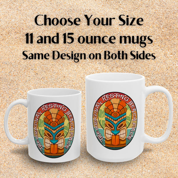 The Original Resting Beach Face Mug: Tiki Retro Sunset Coffee Cup (11oz/15oz)