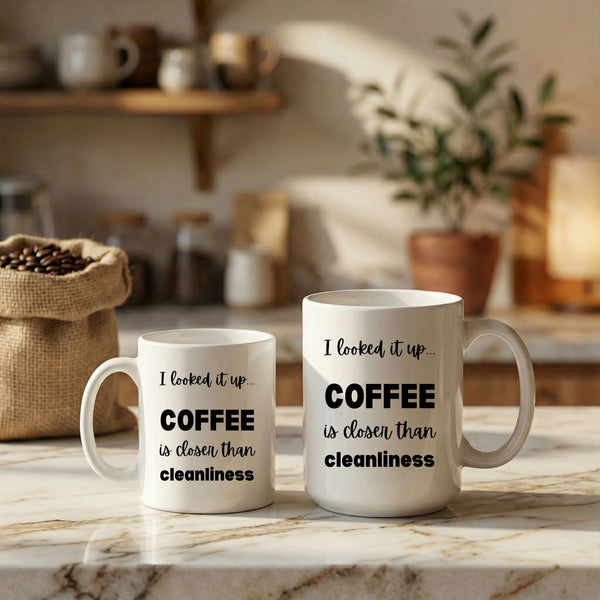 Coffee is Closer than Cleanliness | Funny Sarcastic Mug for Coffee Lovers