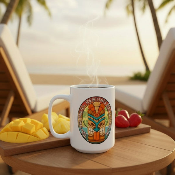 The Original Resting Beach Face Mug: Tiki Retro Sunset Coffee Cup (11oz/15oz)